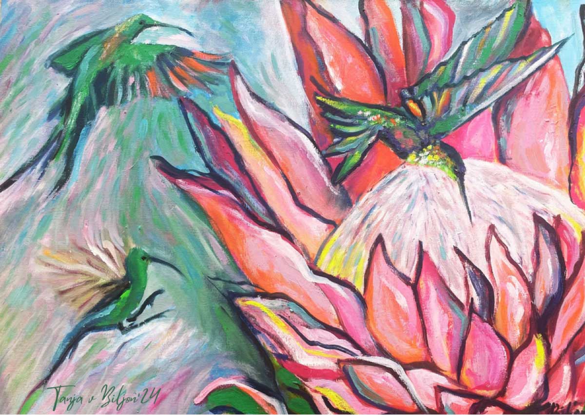 Suikerbekkie by Tanja van Biljon - mixed media on paper, South African botanical art, 2025